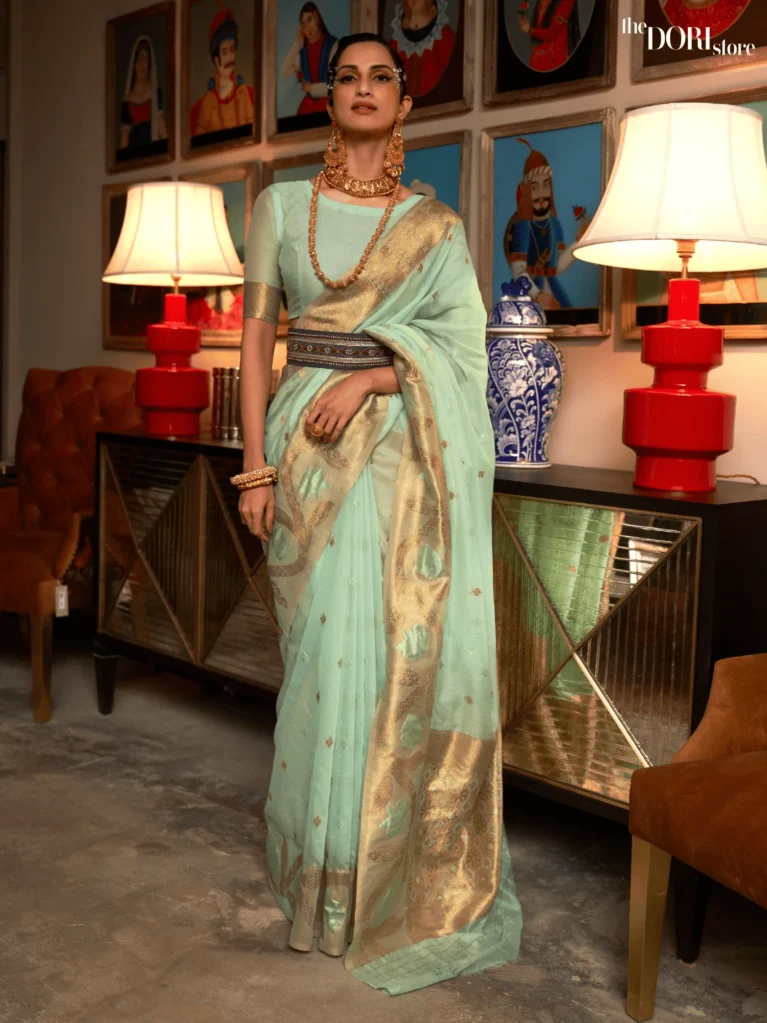 Sea Green Designer Copper Zari Woven Silk Saree - party wear saree