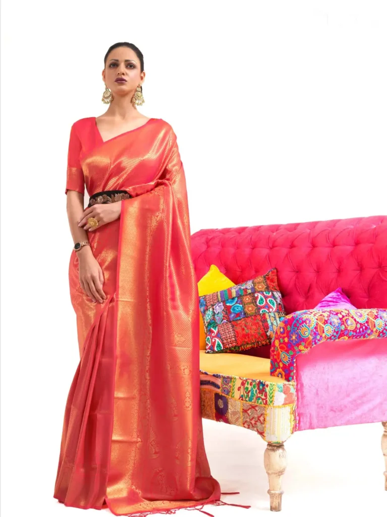 Ethnic Red Kanjeevaram Woven Silk Saree - party wear saree
