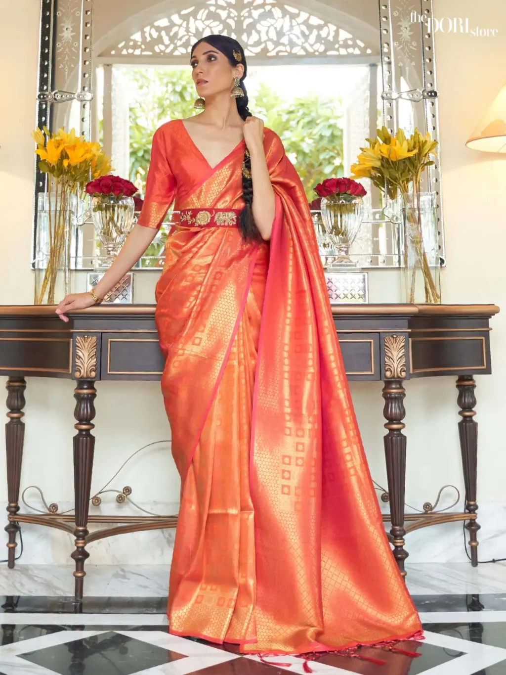 Designer Orange Kanjeevaram Silk Saree - party wear saree