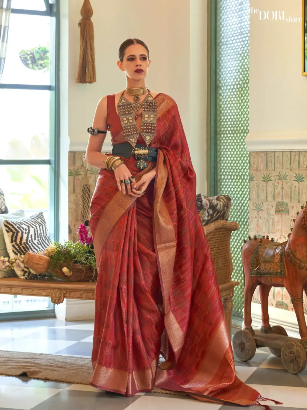 Brick Red Dual Tone Handloom Organza Silk Saree - party wear saree