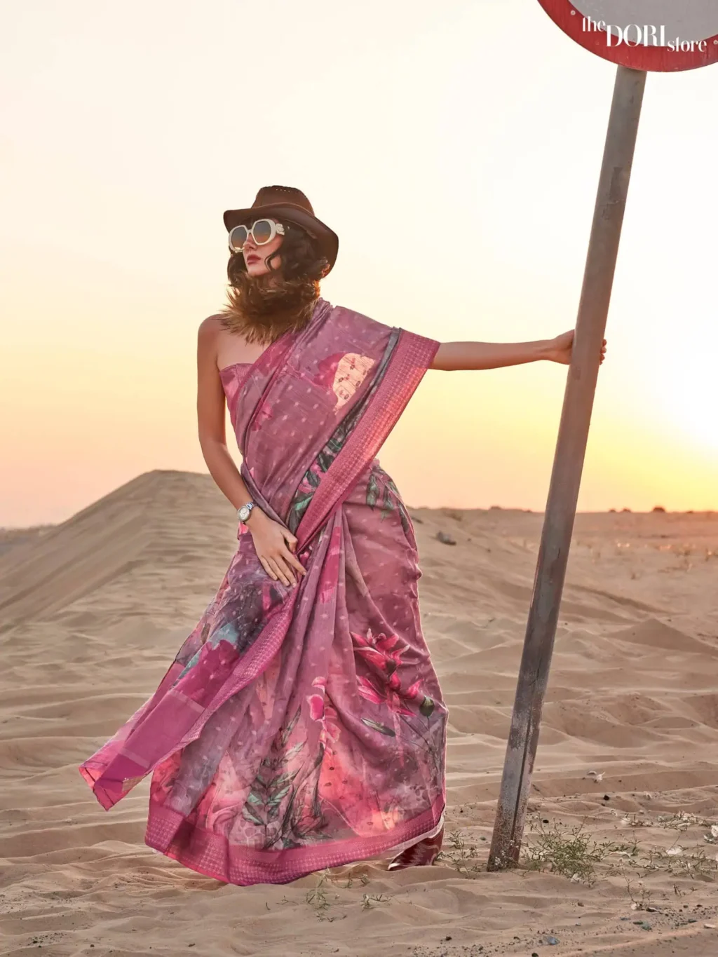 Mauve Purple Floral Printed Linen Saree - party wear saree