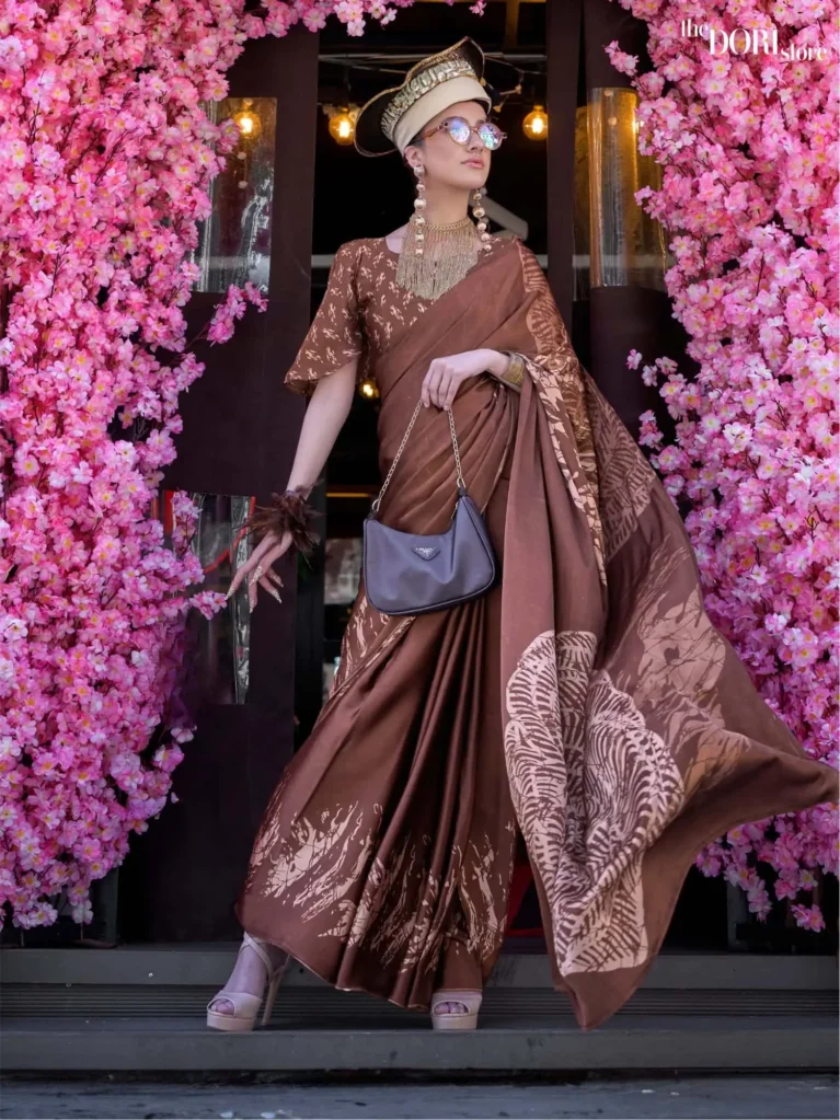 Dark Chocolate Brown Satin Printed Crepe Silk Saree - party wear saree