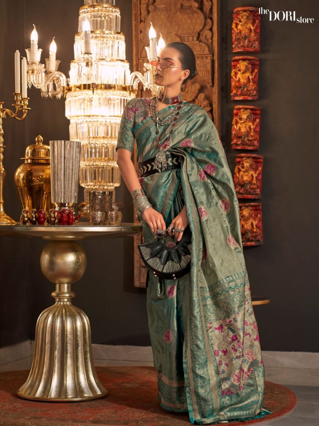 Teal Blue Zari Base Handloom Woven Silk Saree - party wear saree