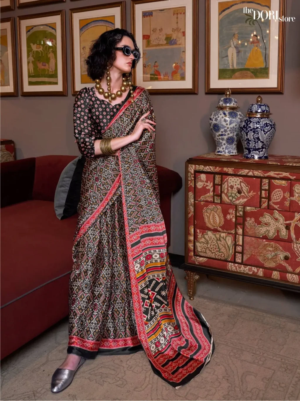 Elegant Black Patola Printed Crepe Silk Saree - party wear saree
