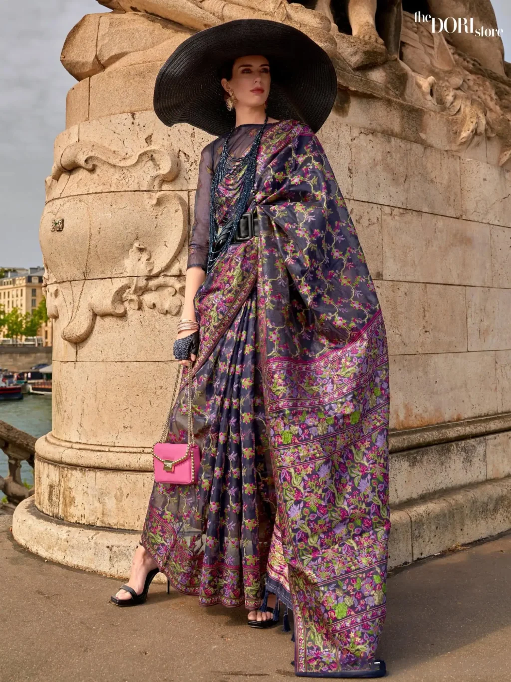 Midnight Blue Handloom Parsi Organza Woven Silk Saree  - party wear saree