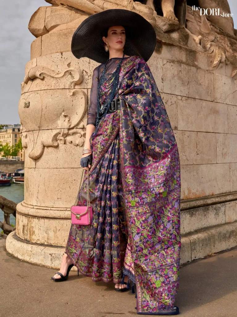 Midnight Blue Handloom Parsi Organza Woven Silk Saree  - party wear saree