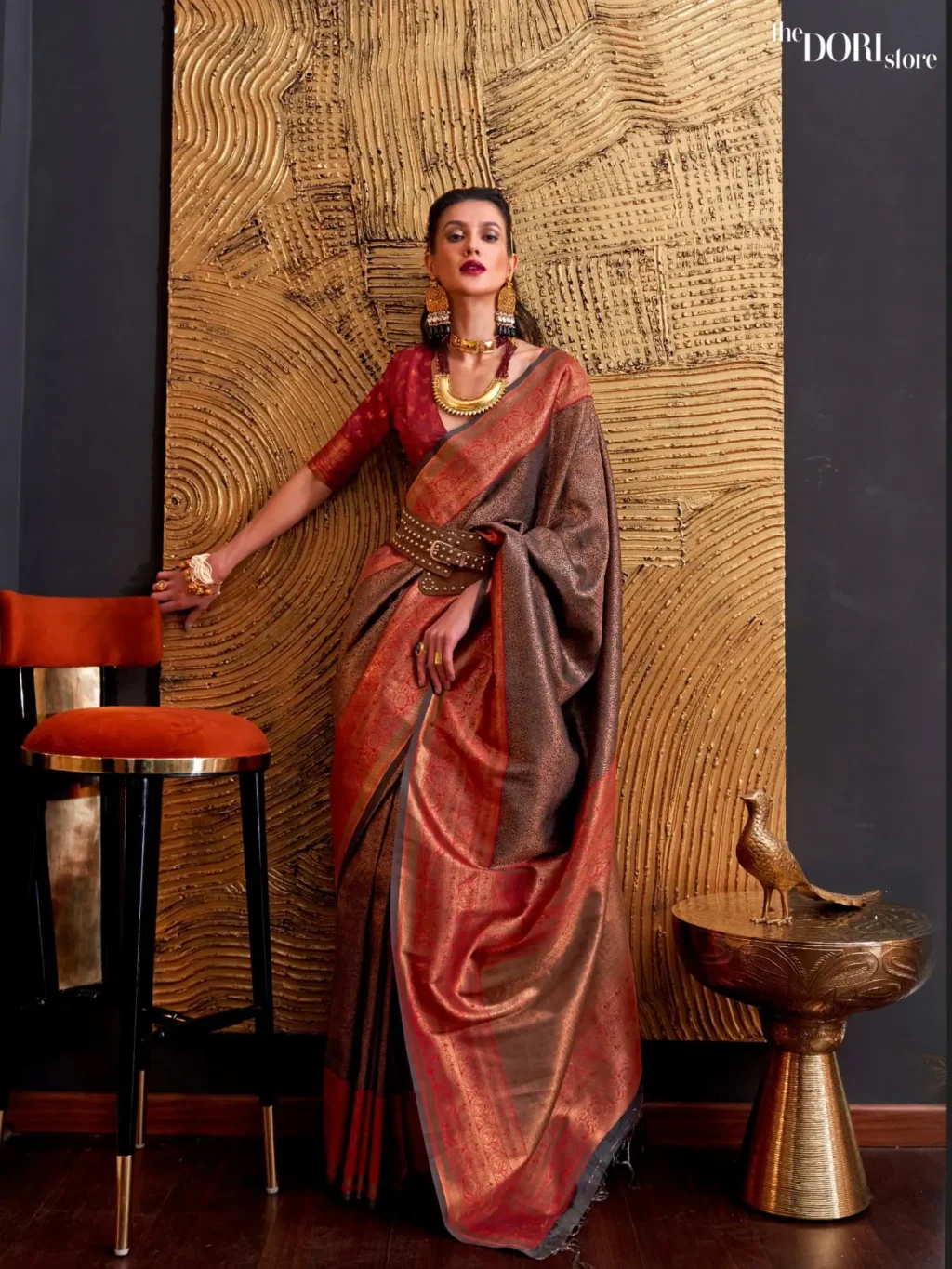 Reddish Brown Kanjeevaram Handloom Silk Saree - party wear saree