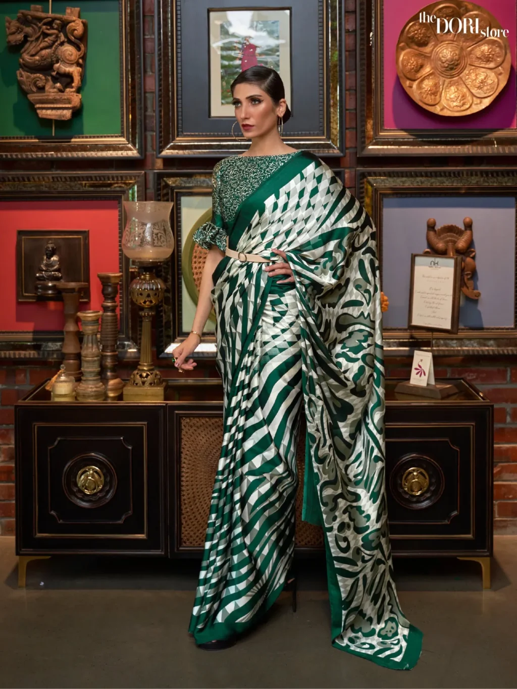 Greenish White Printed Japan Satin Crepe Saree - party wear saree