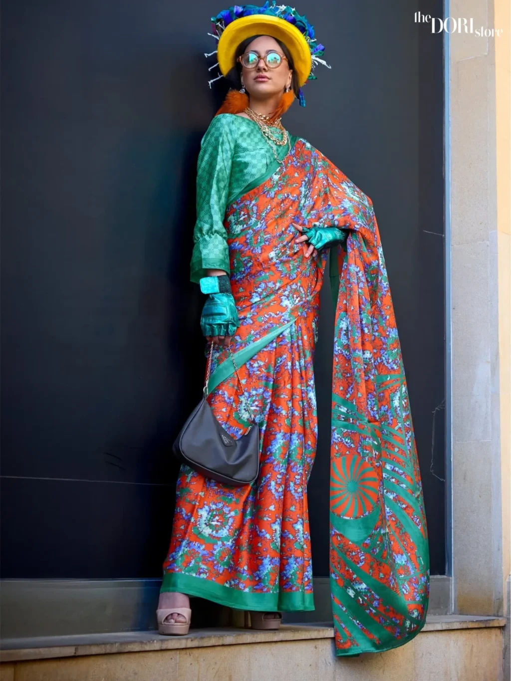 Greenish Orange Satin Printed Crepe Silk Saree - party wear saree