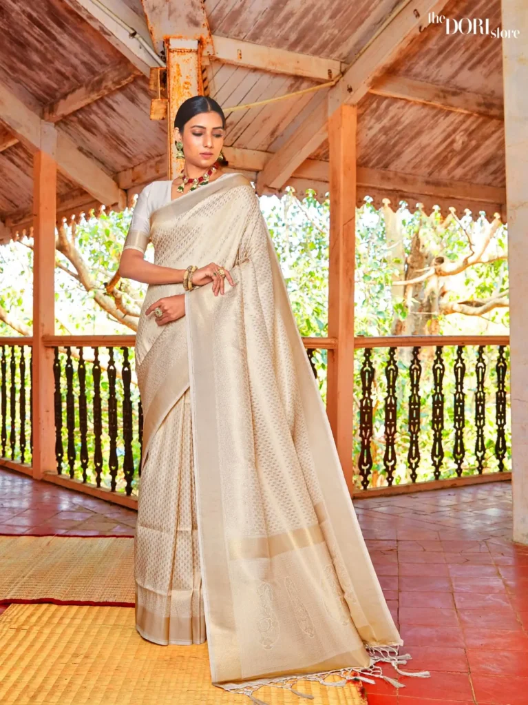 Ethnic Off White Kanjeevaram Silk Saree with Golden Zari Border  - party wear saree