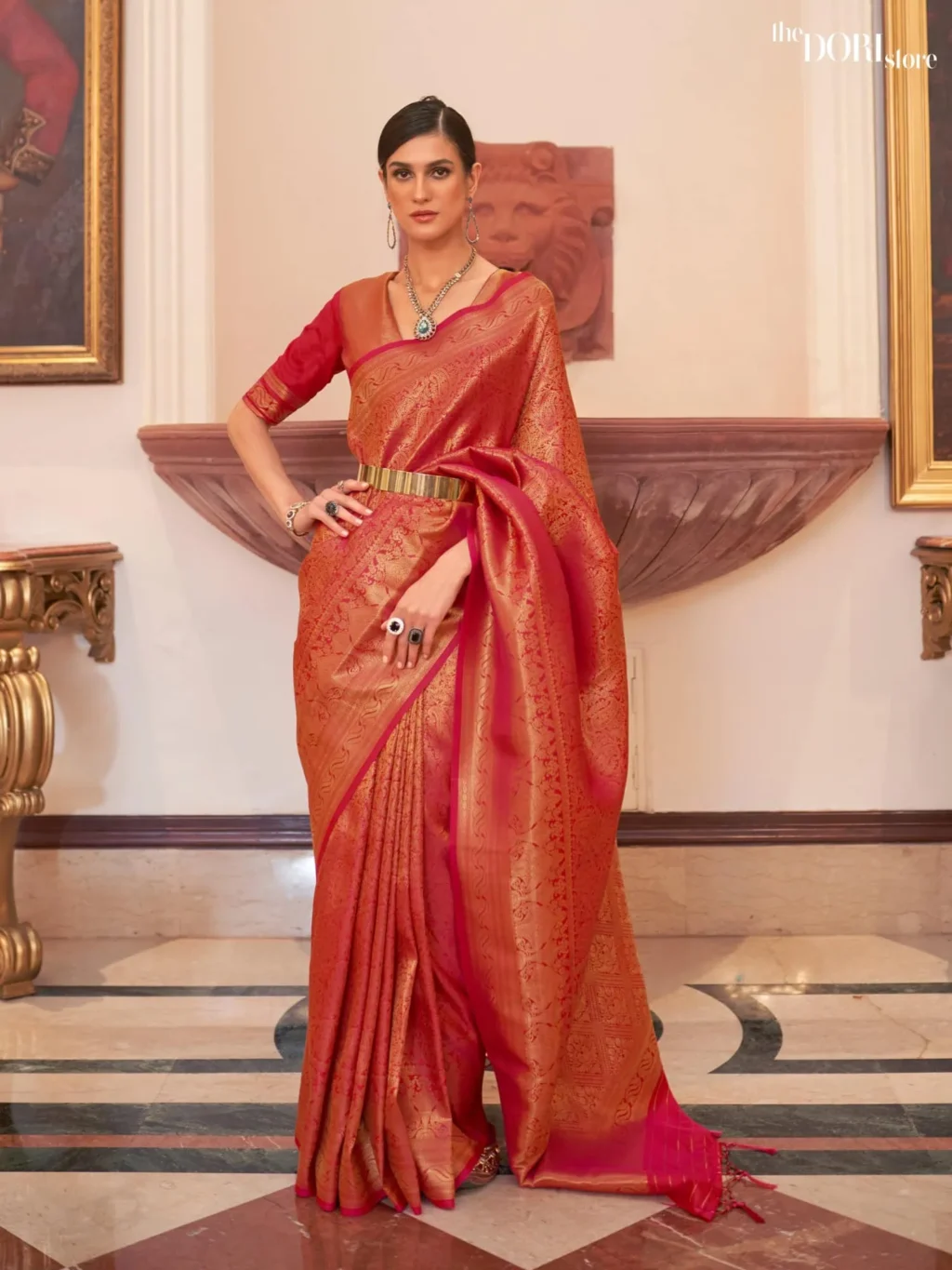 Bright Red Designer Kanjeevaram Woven Silk Saree - party wear saree