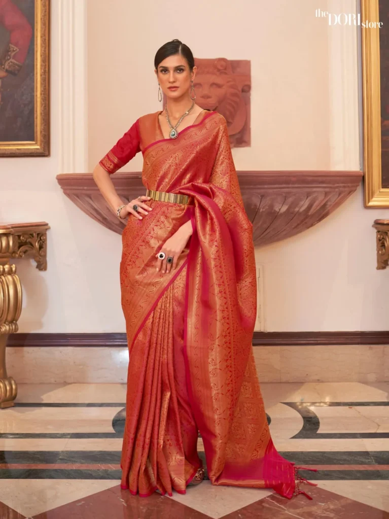 Bright Red Designer Kanjeevaram Woven Silk Saree - party wear saree