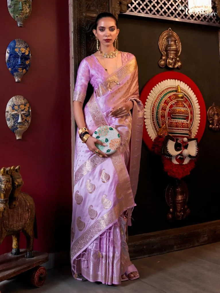 Elegant Lavender Purple Designer Pure Satin Silk Saree   - party wear saree