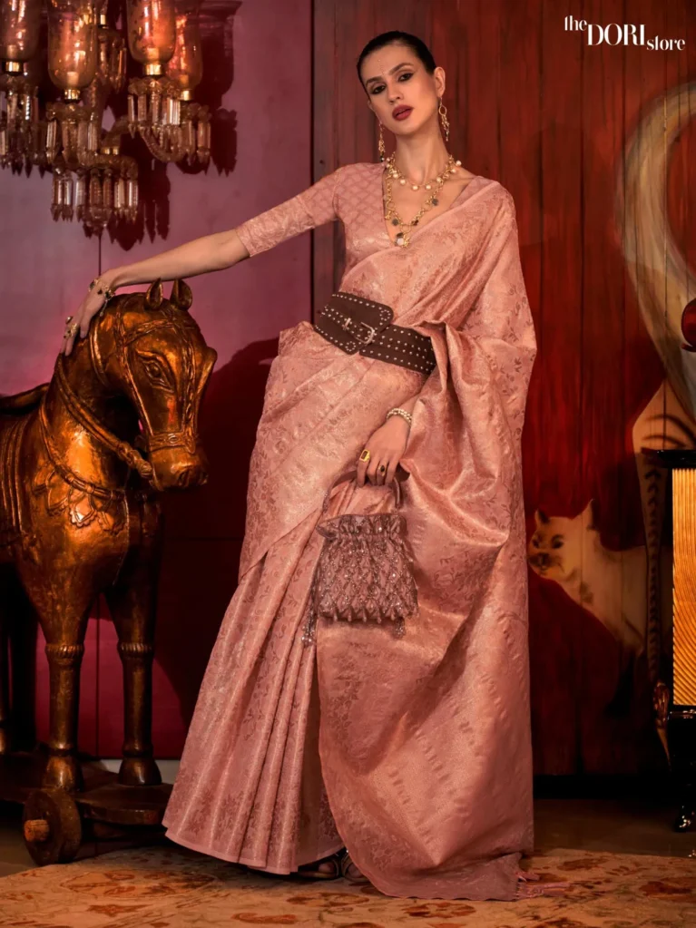 Ethnic Peach Pink Banarasi Handloom Zari Silk Saree - party wear saree