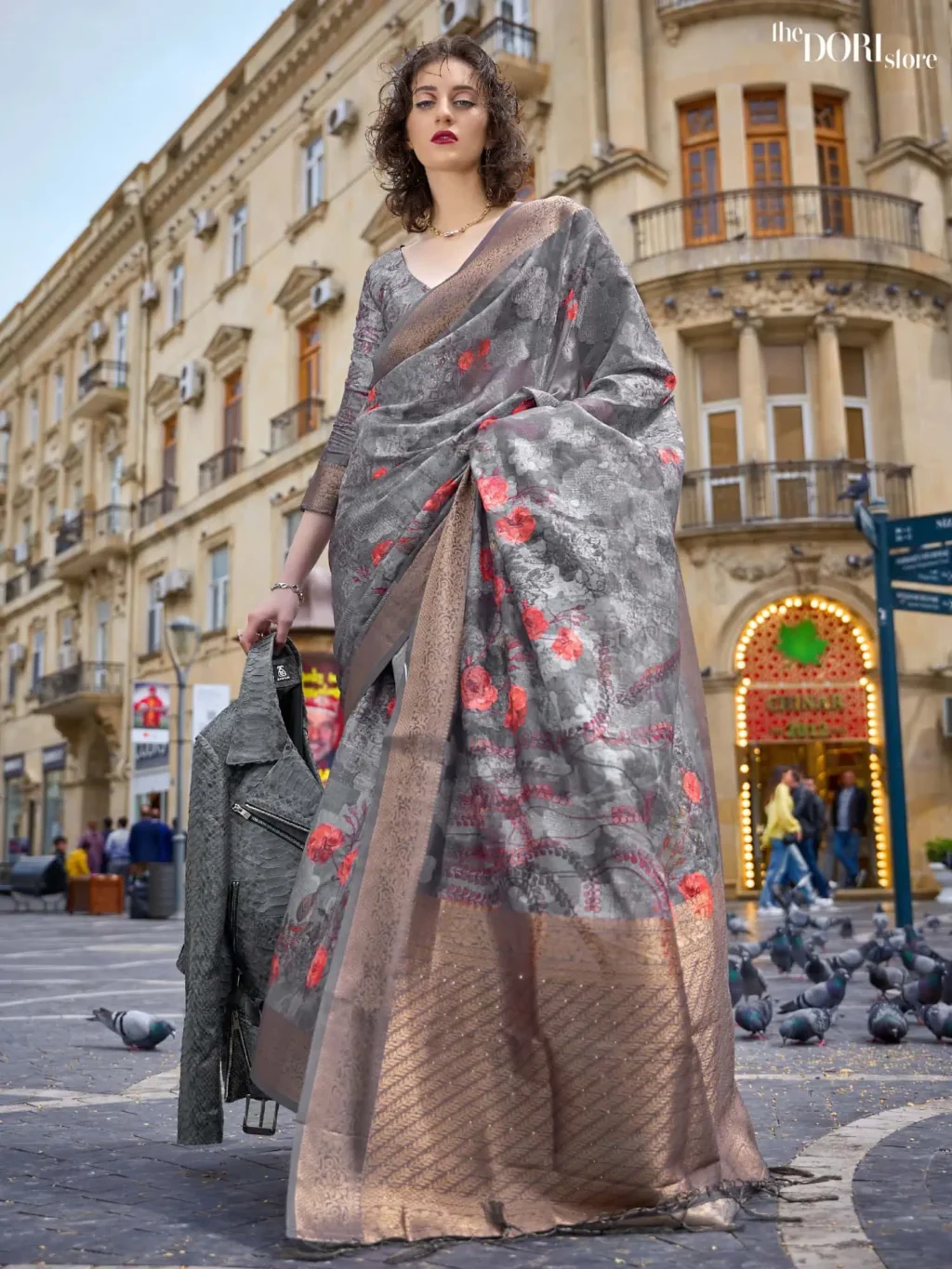 Metalic Grey Border Brasso Poly Printed Saree  - party wear saree