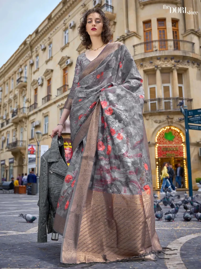 Metalic Grey Border Brasso Poly Printed Saree  - party wear saree