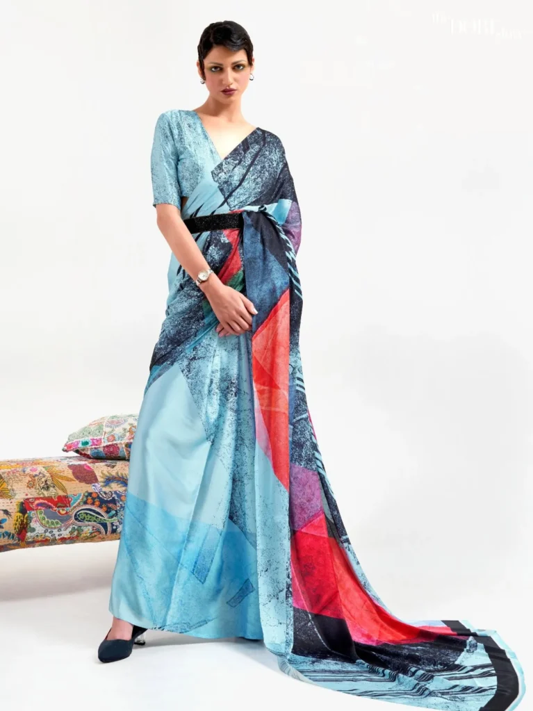 Ocean Blue Digital Printed Soft Crepe Silk Saree - party wear saree