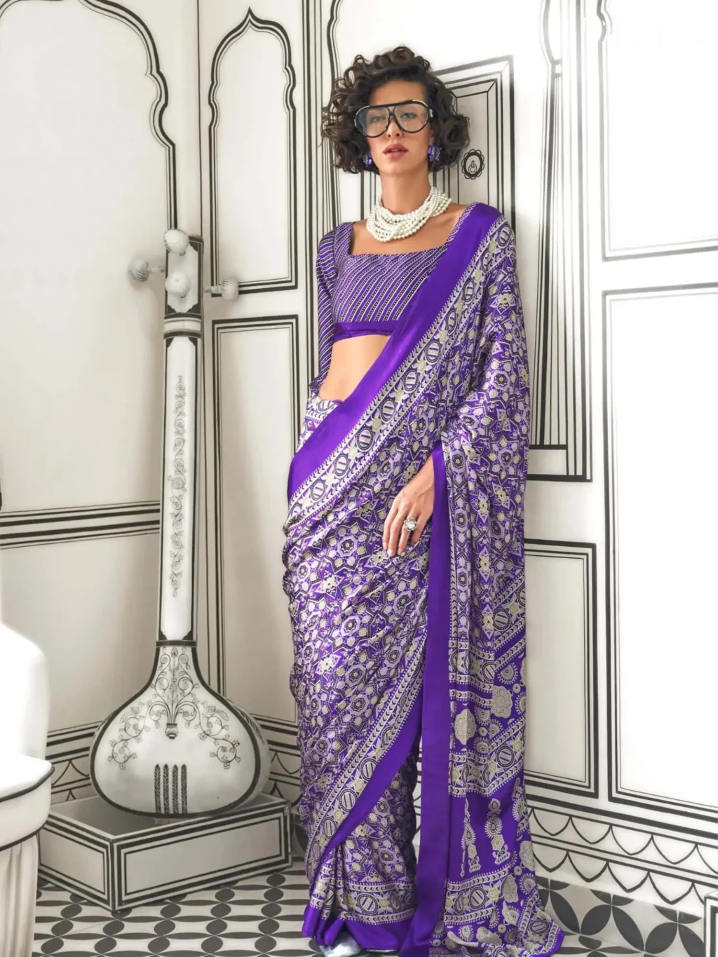 Royal Puple Light Weight Printed Ajrakh Satin Crepe Saree - party wear saree