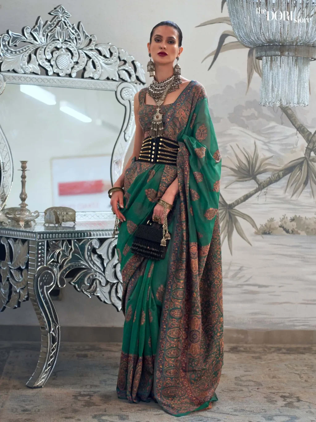 Forest Green Modal Kashmiri Handloom Silk Saree - party wear saree