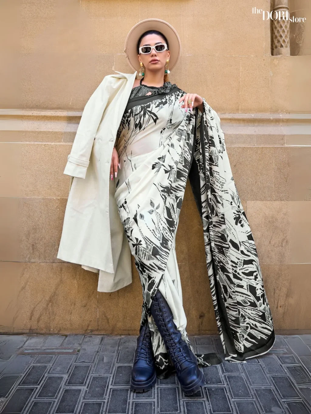 Beautiful White and Black Satin Crepe Digital Printed Saree - party wear saree
