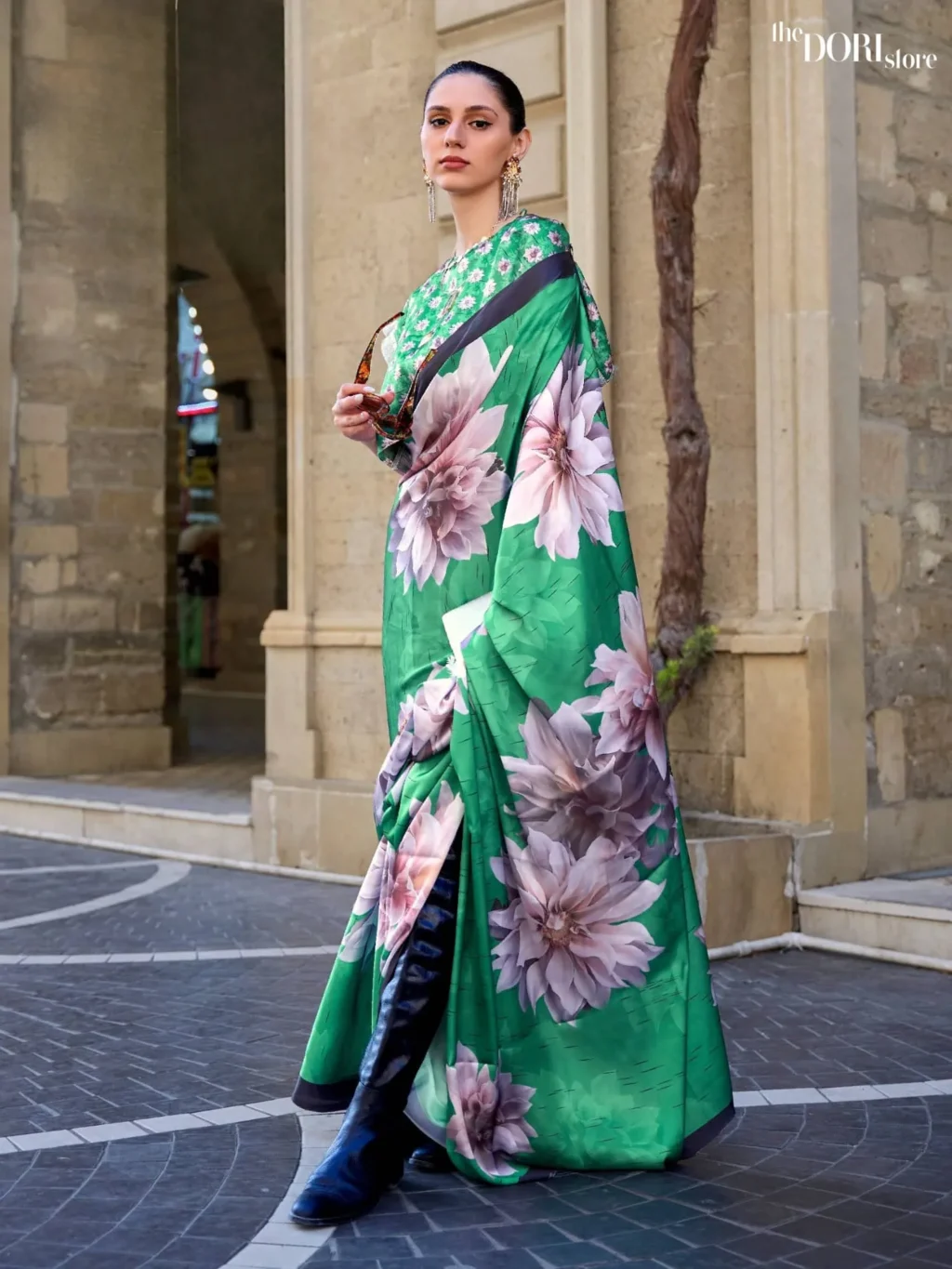 Spring Green Digital Print Satin Crepe Silk Saree - party wear saree