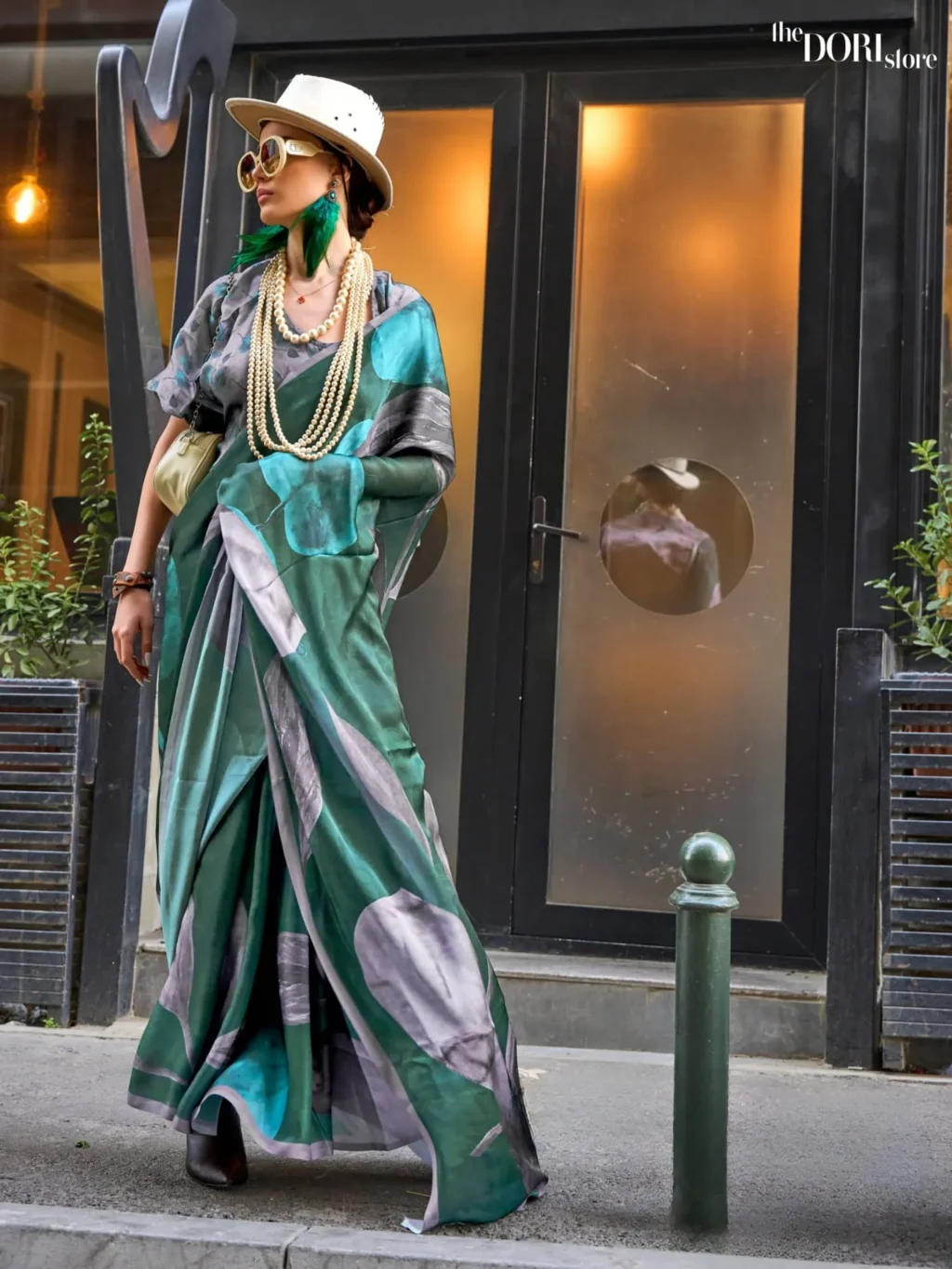 Grey and Green Printed Satin Georgette Silk Saree - party wear saree