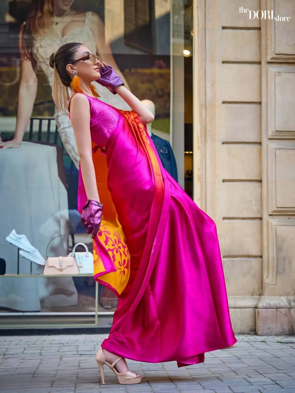 Fiery Yellow and Magenta Pink Printed Crepe Silk Saree - party wear saree