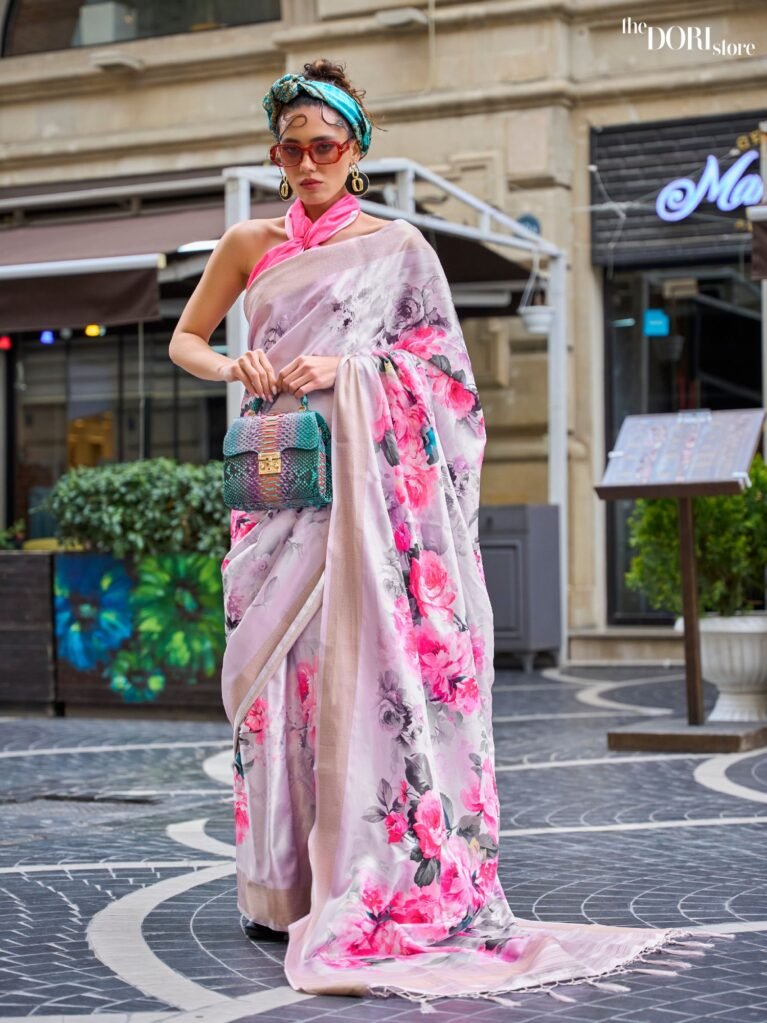 Pinkish Grey Pure Gaji Printed Silk Handloom Woven Saree - party wear saree