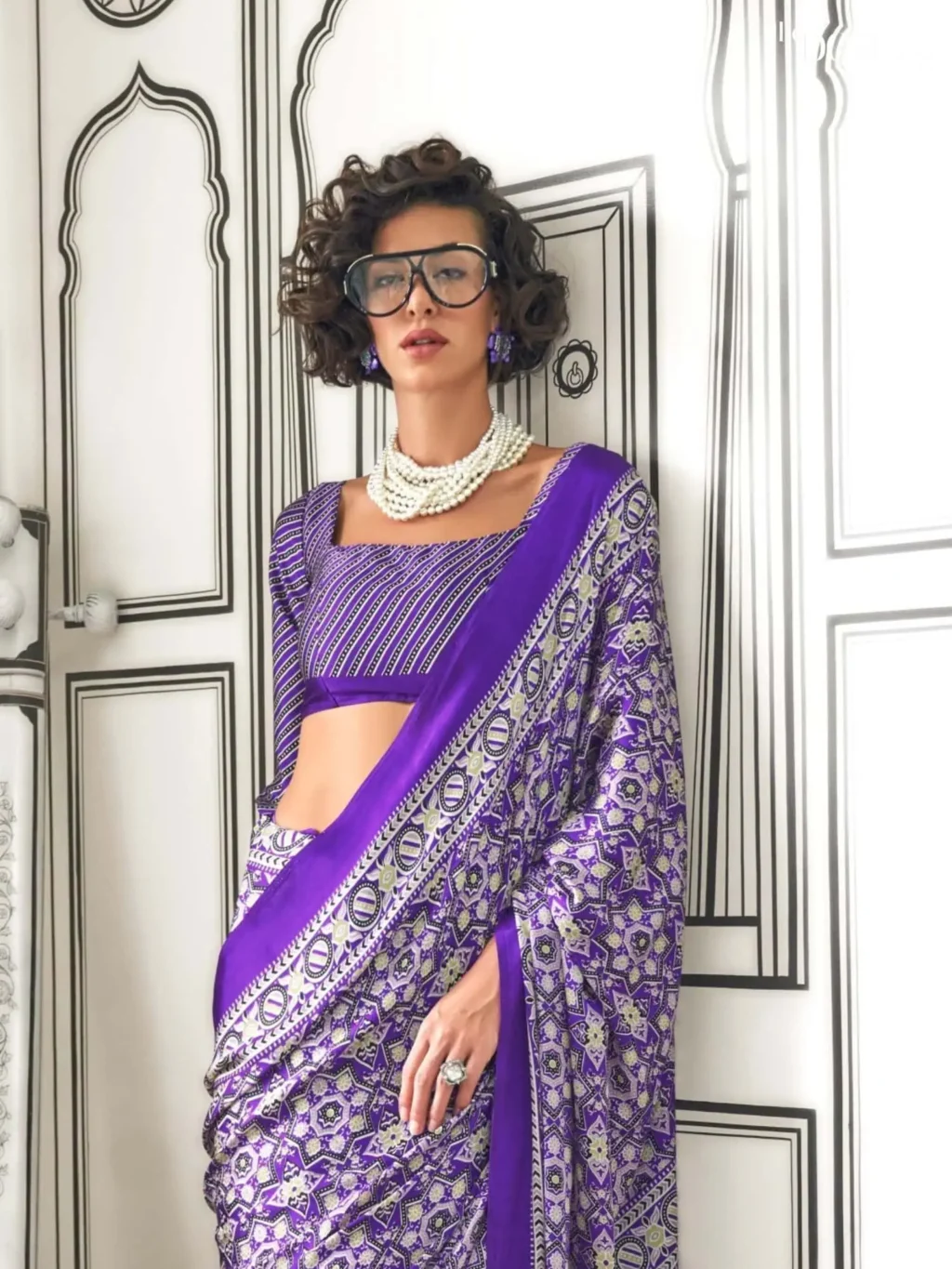 Royal Puple Light Weight Printed Ajrakh Satin Crepe Saree - Image 3