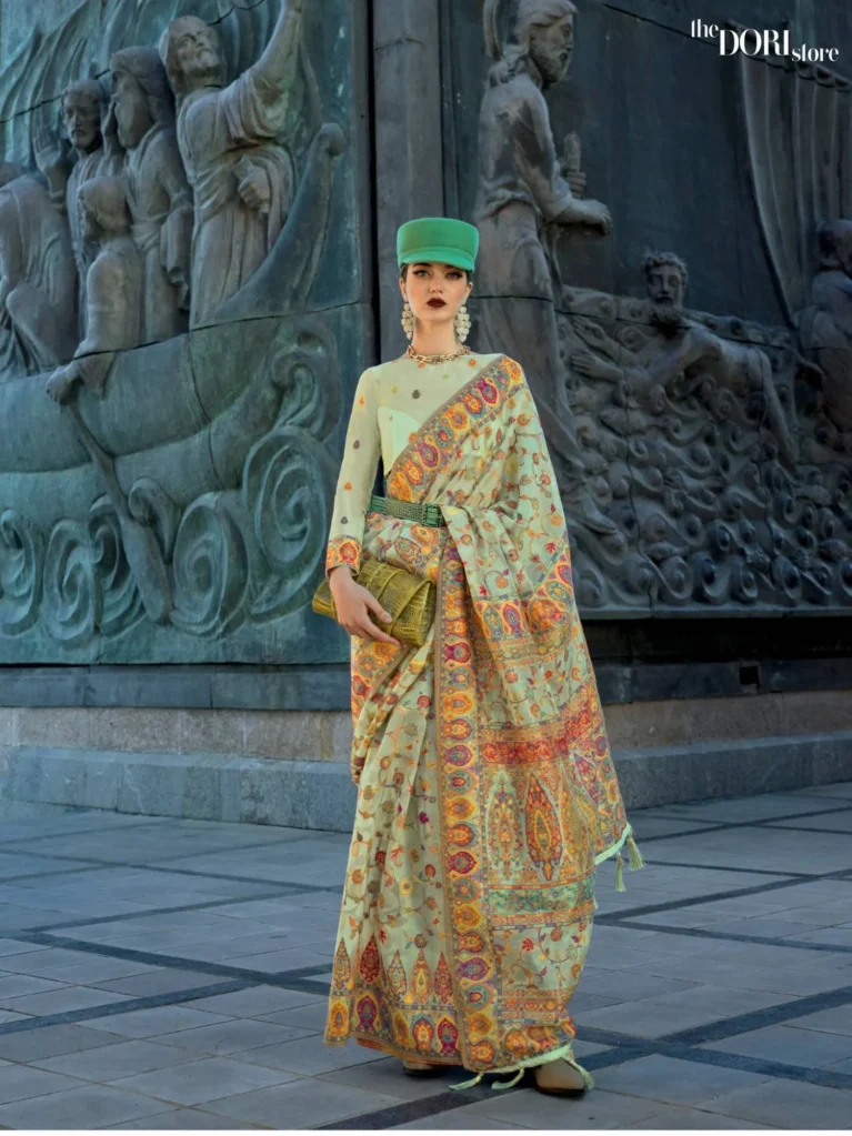 Ethnic Light Green Kashmiri Organza Soft Silk Saree - party wear saree