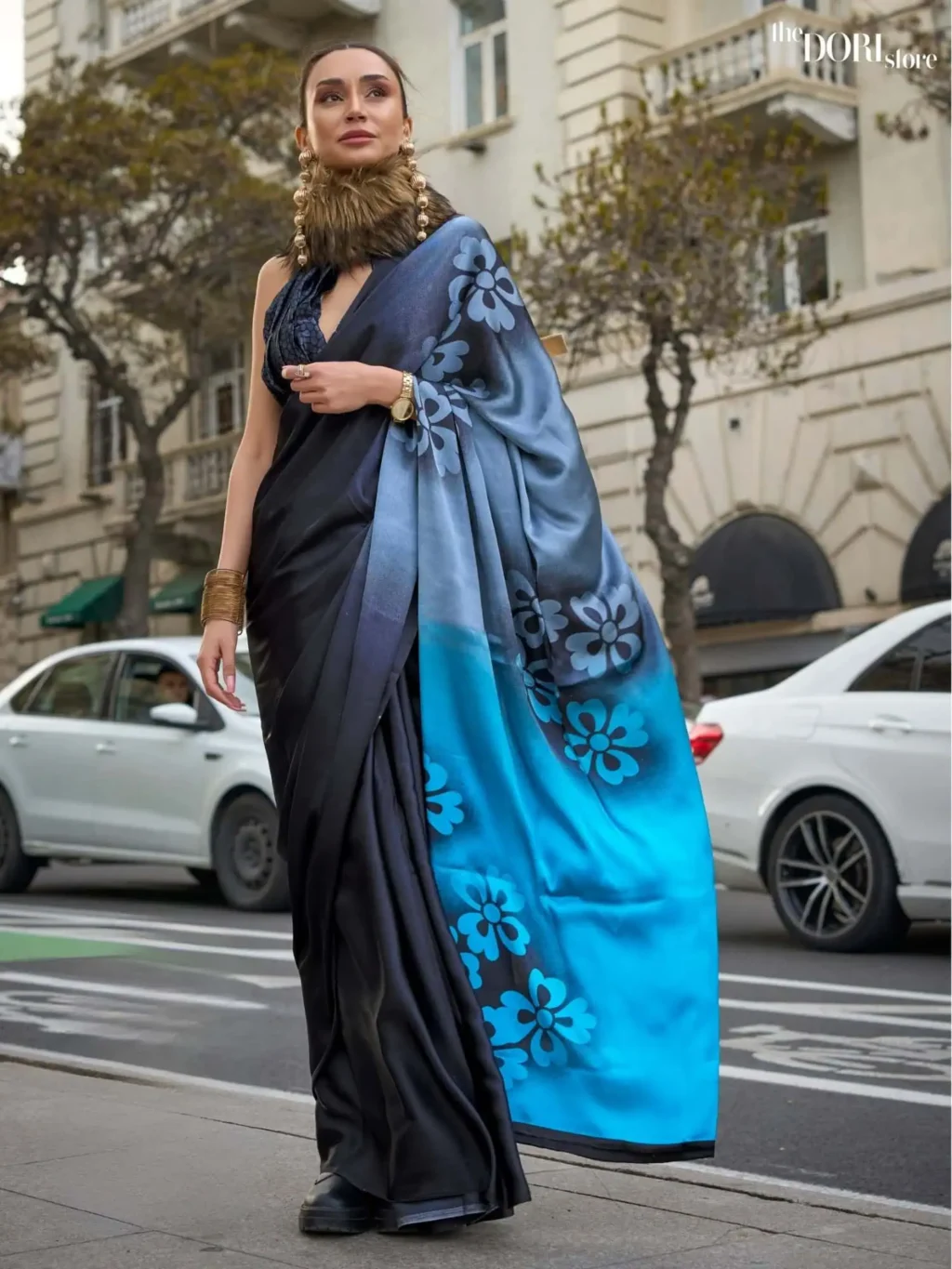 Bluish Black Printed Crepe Soft Silk Saree - party wear saree