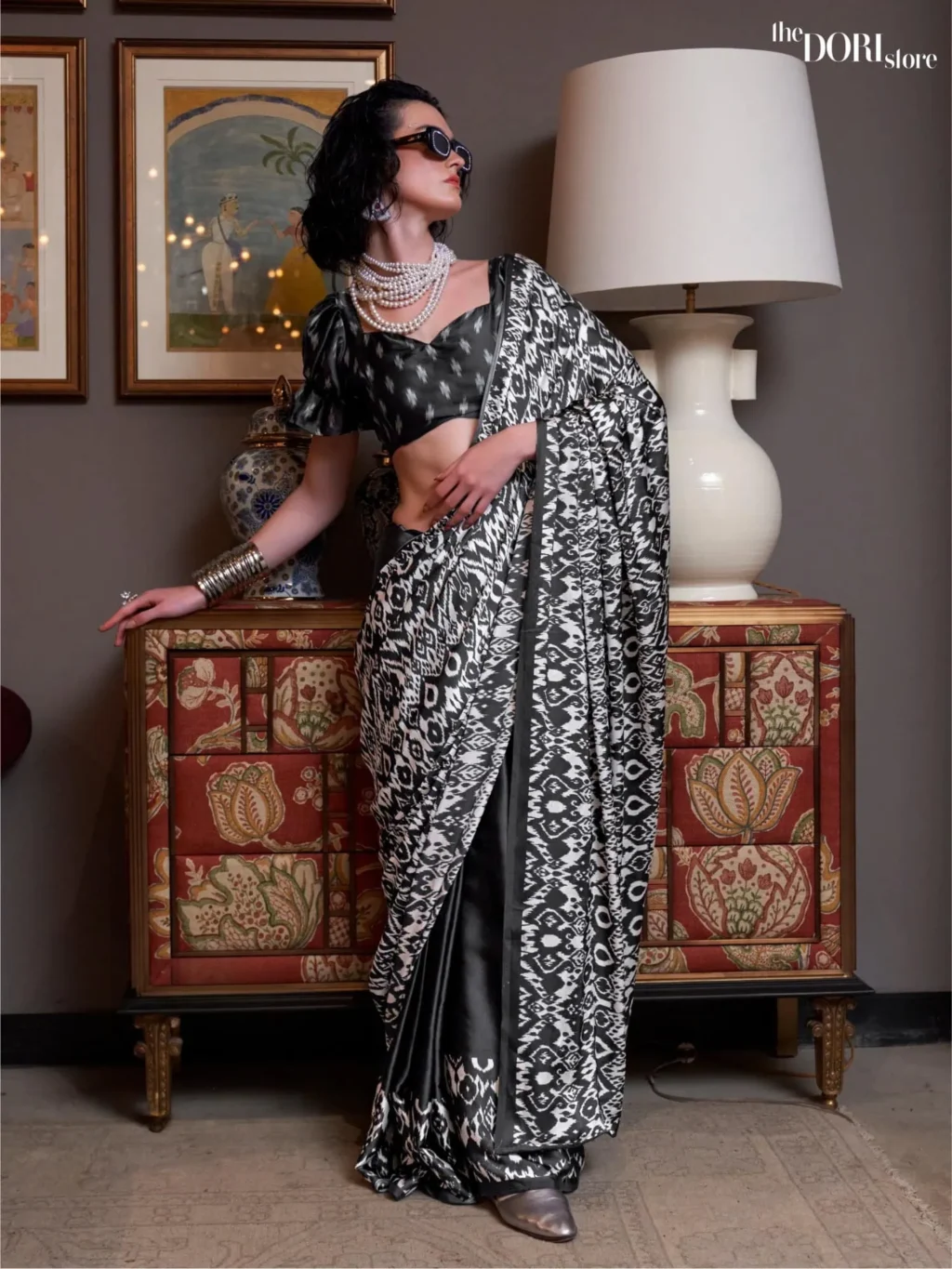 White and Black Patola Printed Crepe Silk Saree - party wear saree