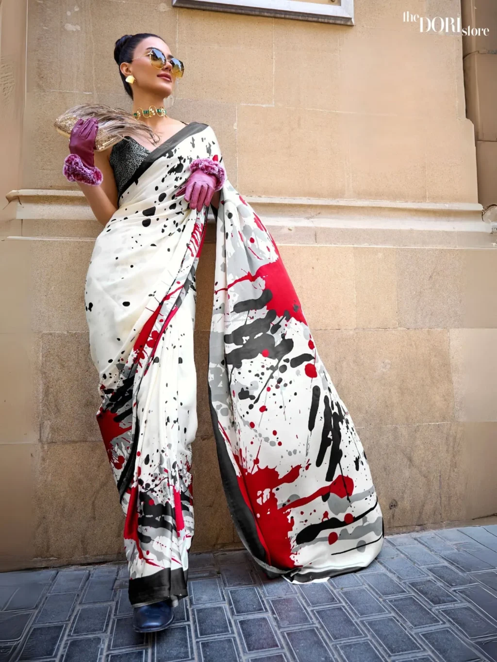 Reddish White Satin Crepe Digital Printed Saree - party wear saree