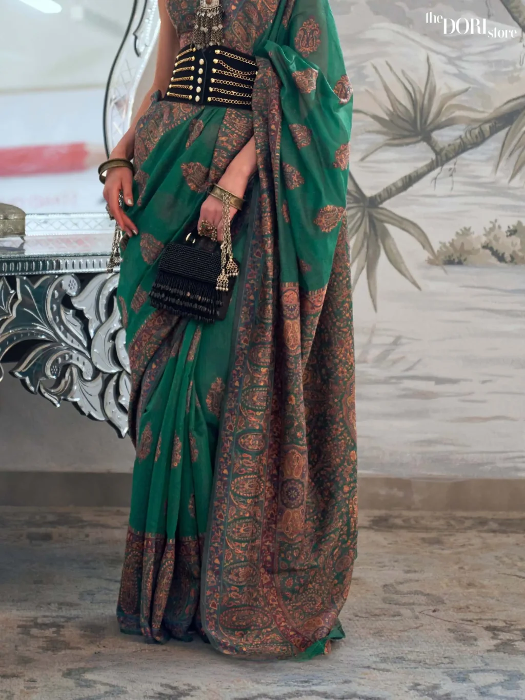 Forest Green Modal Kashmiri Handloom Silk Saree - Image 3