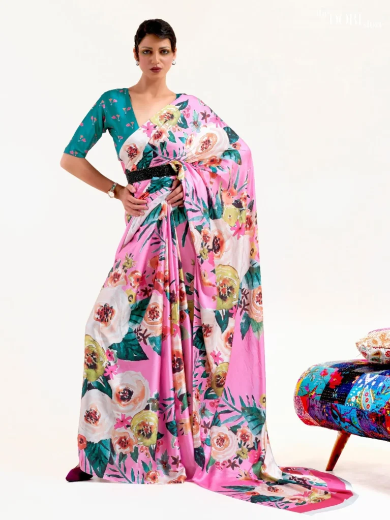 Bright Pink Digital Printed Soft Crepe Silk Saree - party wear saree