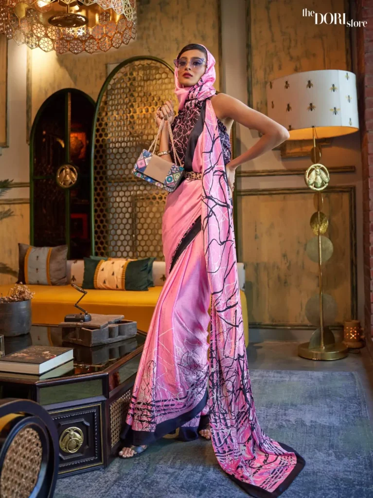 Light Pink Printed Japan Satin Crepe Saree - party wear saree