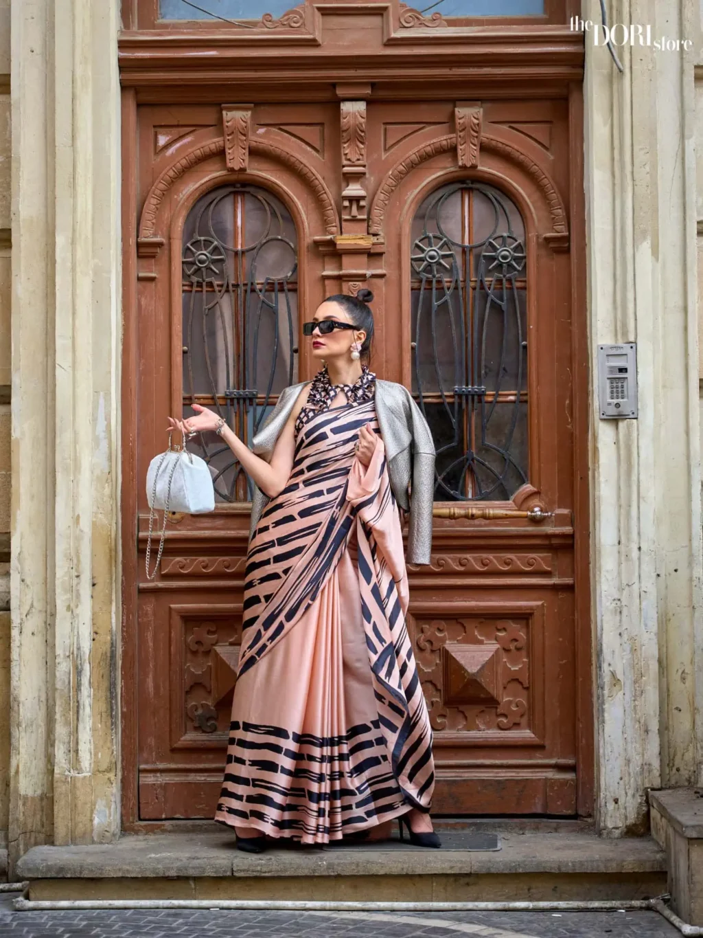 Pastel Peach Pink Japan Satin Printed Silk Saree - Image 4