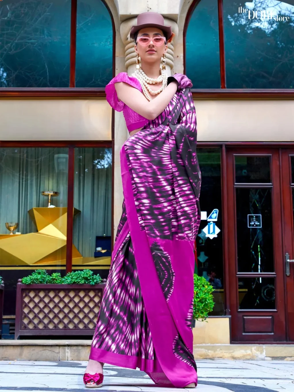 Magenta Purple Satin Printed Crepe Silk Saree - party wear saree