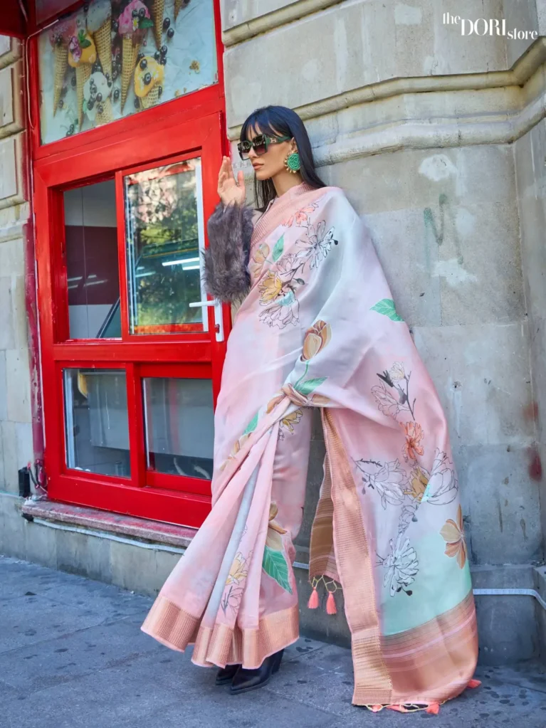 Bluish Peach Pink Floral Pure Satin Organza Silk Saree - party wear saree