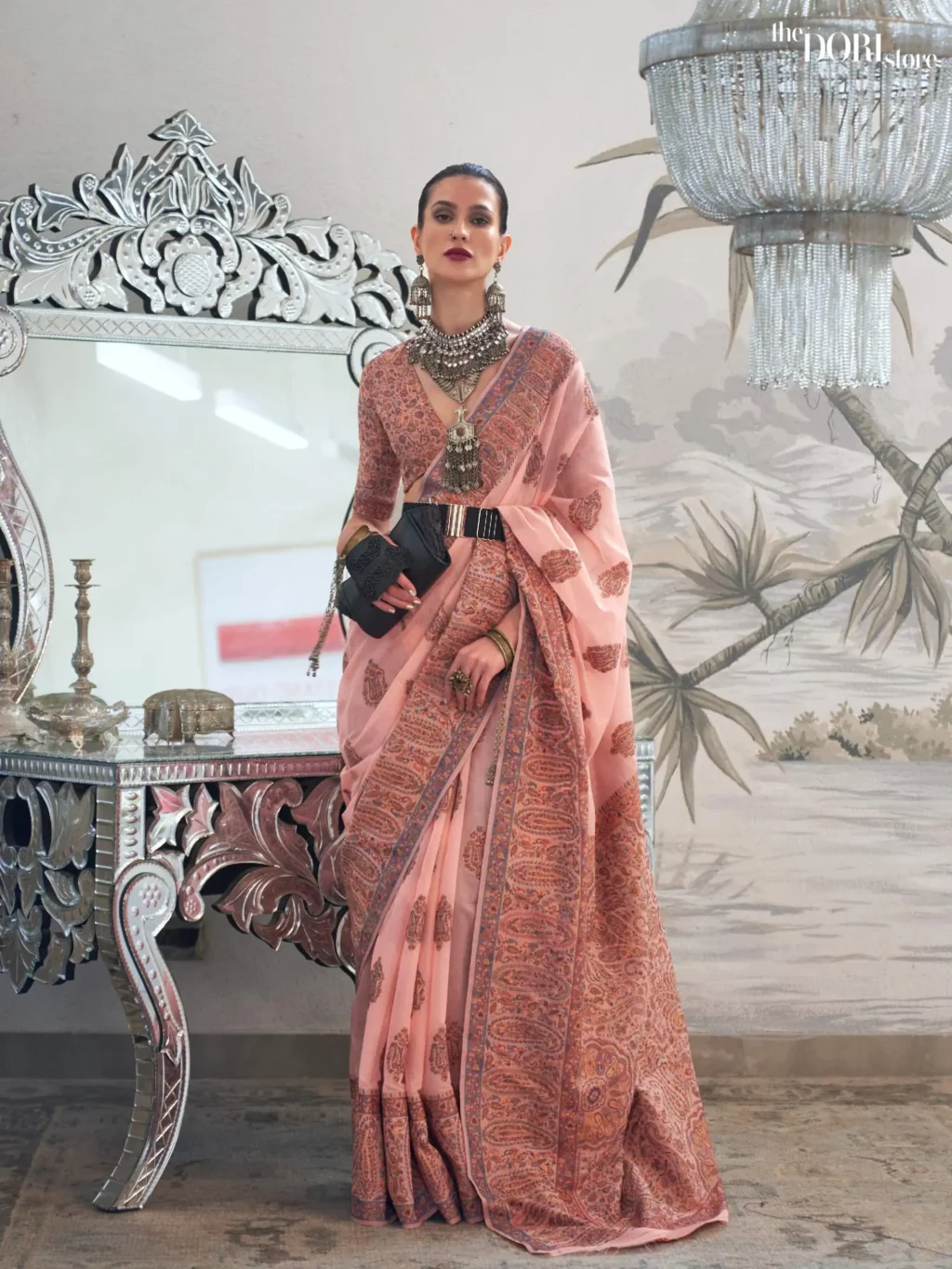 Pearl Pink Modal Kashmiri Handloom Silk Saree - party wear saree