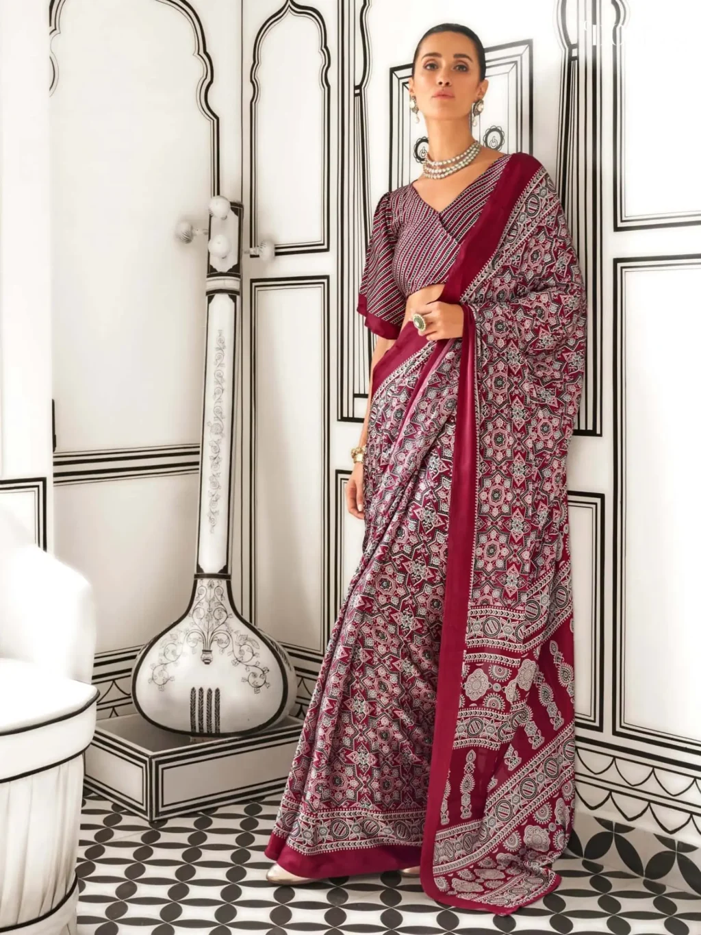Rich Maroon Light Weight Printed Ajrakh Satin Crepe Saree - party wear saree
