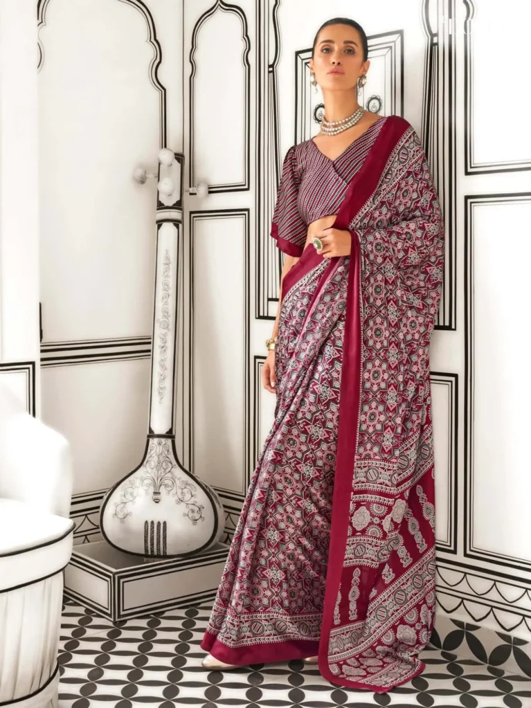 Rich Maroon Light Weight Printed Ajrakh Satin Crepe Saree - party wear saree