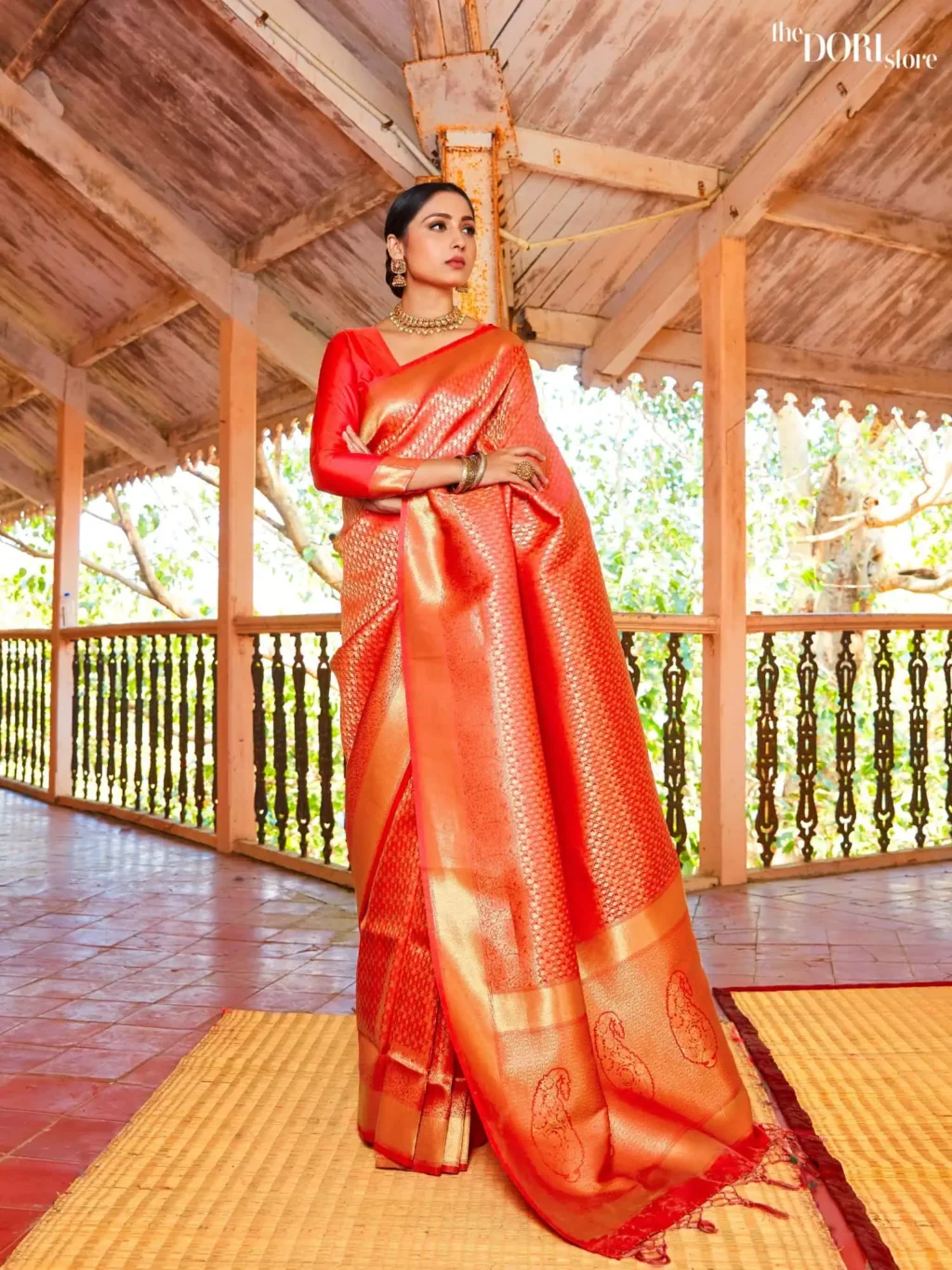 Partywear Red Kanjeevaram Silk Saree with Golden Zari Border  - party wear saree