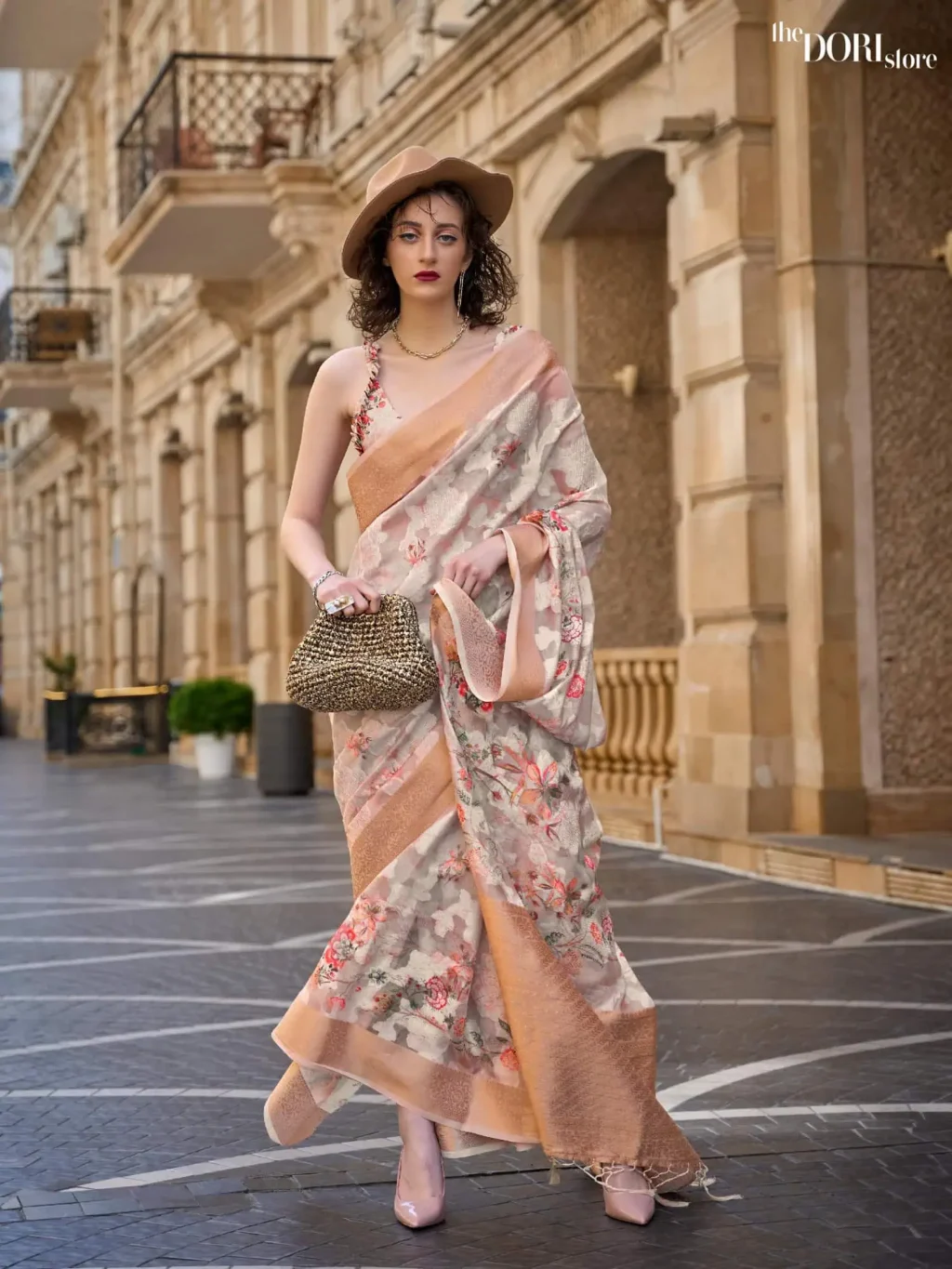 Beige Cream with Golden Border Brasso Poly Printed Saree - party wear saree