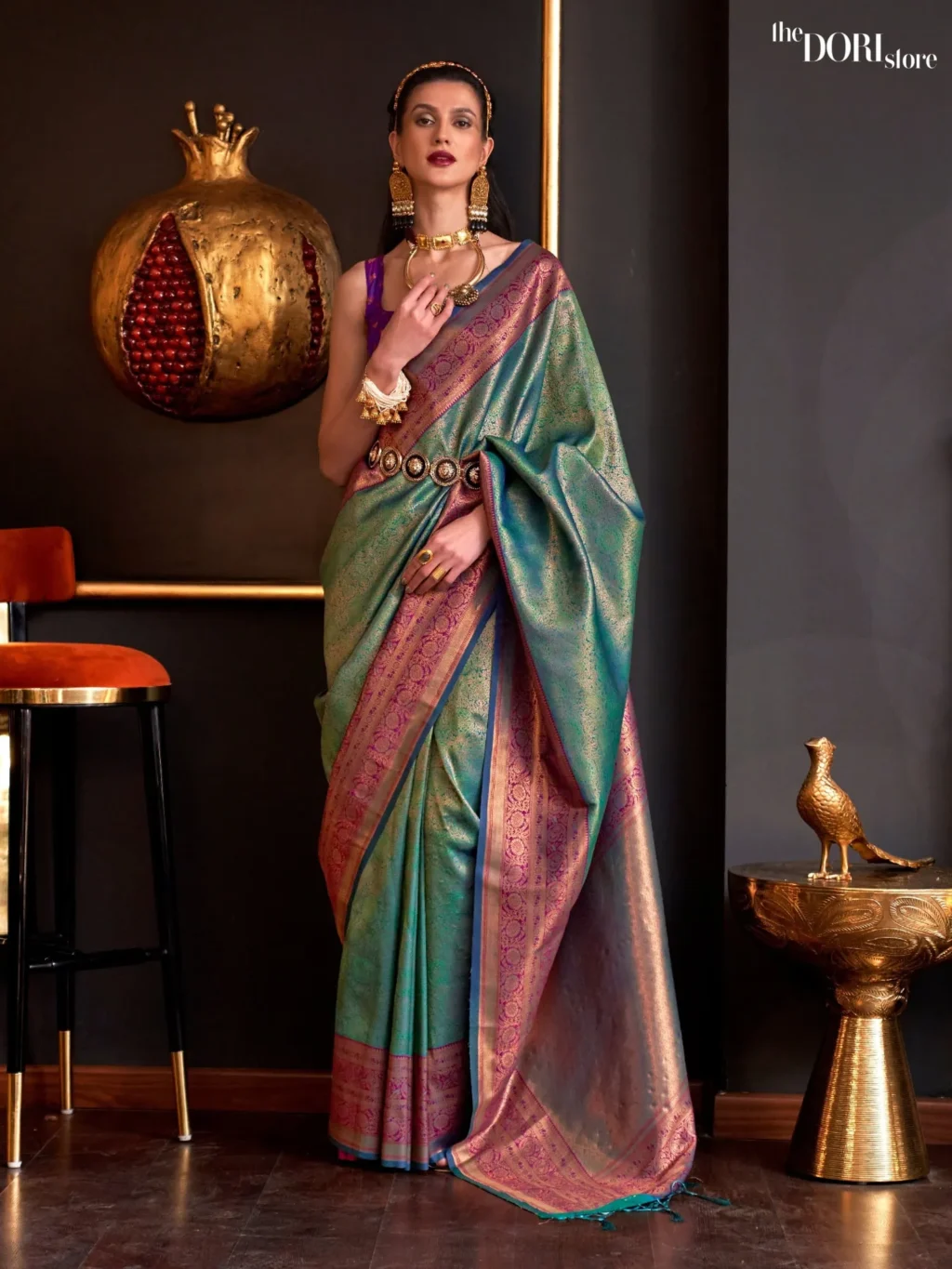 Ethnic Teal Green Kanjeevaram Handloom Silk Saree - party wear saree