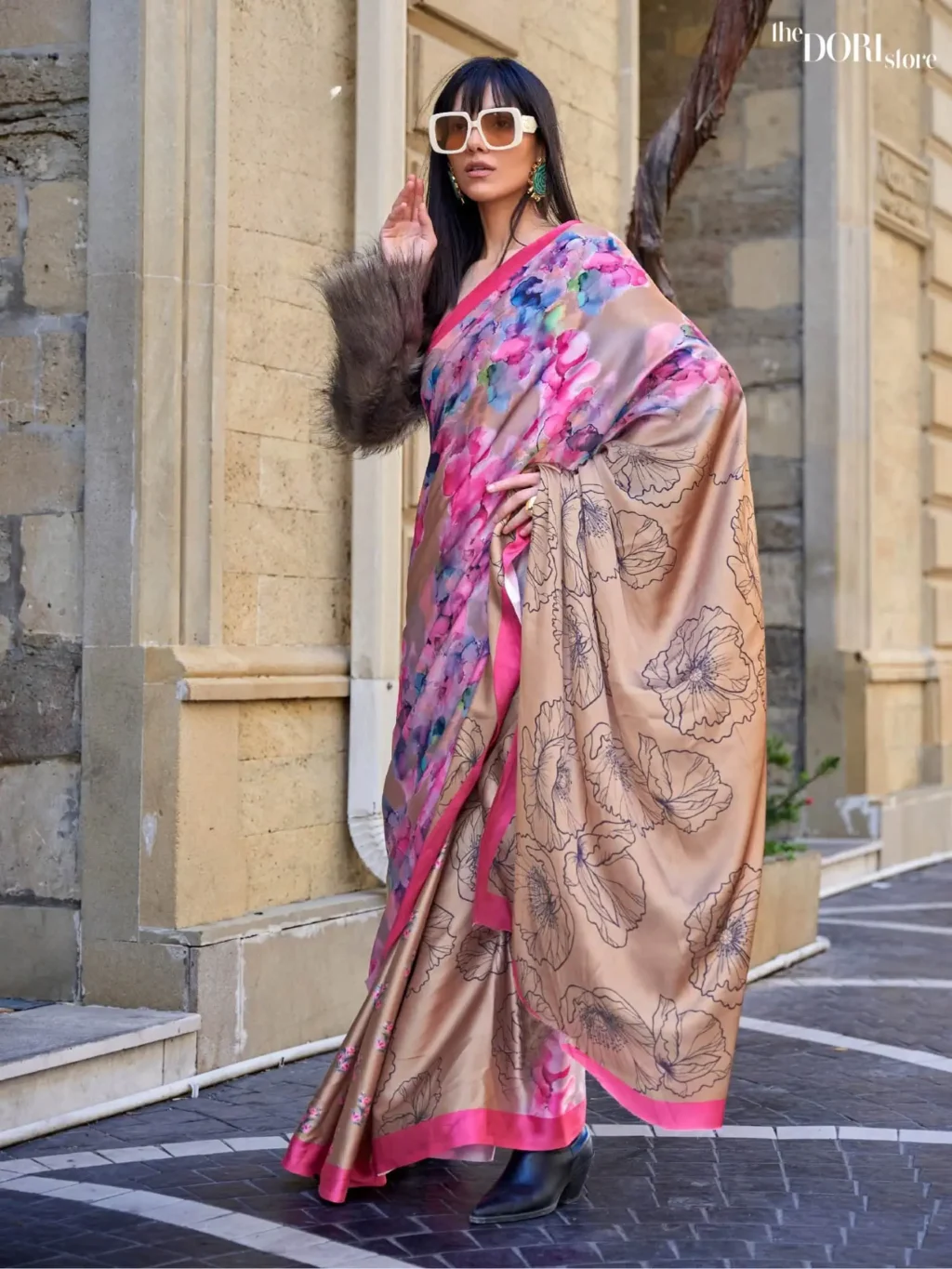 Pink and Light Brown Digital Print Satin Crepe Silk Saree - party wear saree