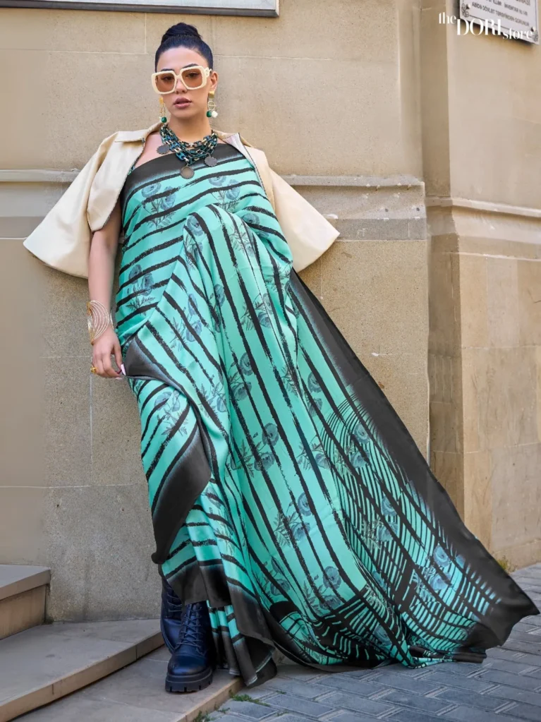 Ethnic Teal Blue Satin Crepe Digital Printed Saree - party wear saree