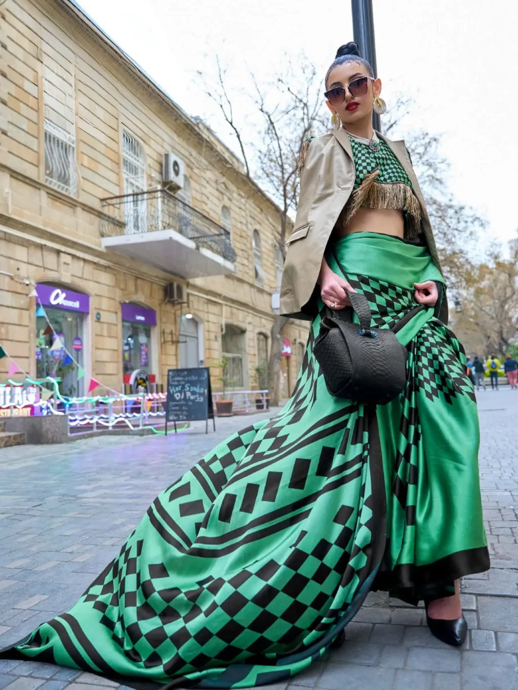 Forest Green Japan Satin Printed Silk Saree - party wear saree