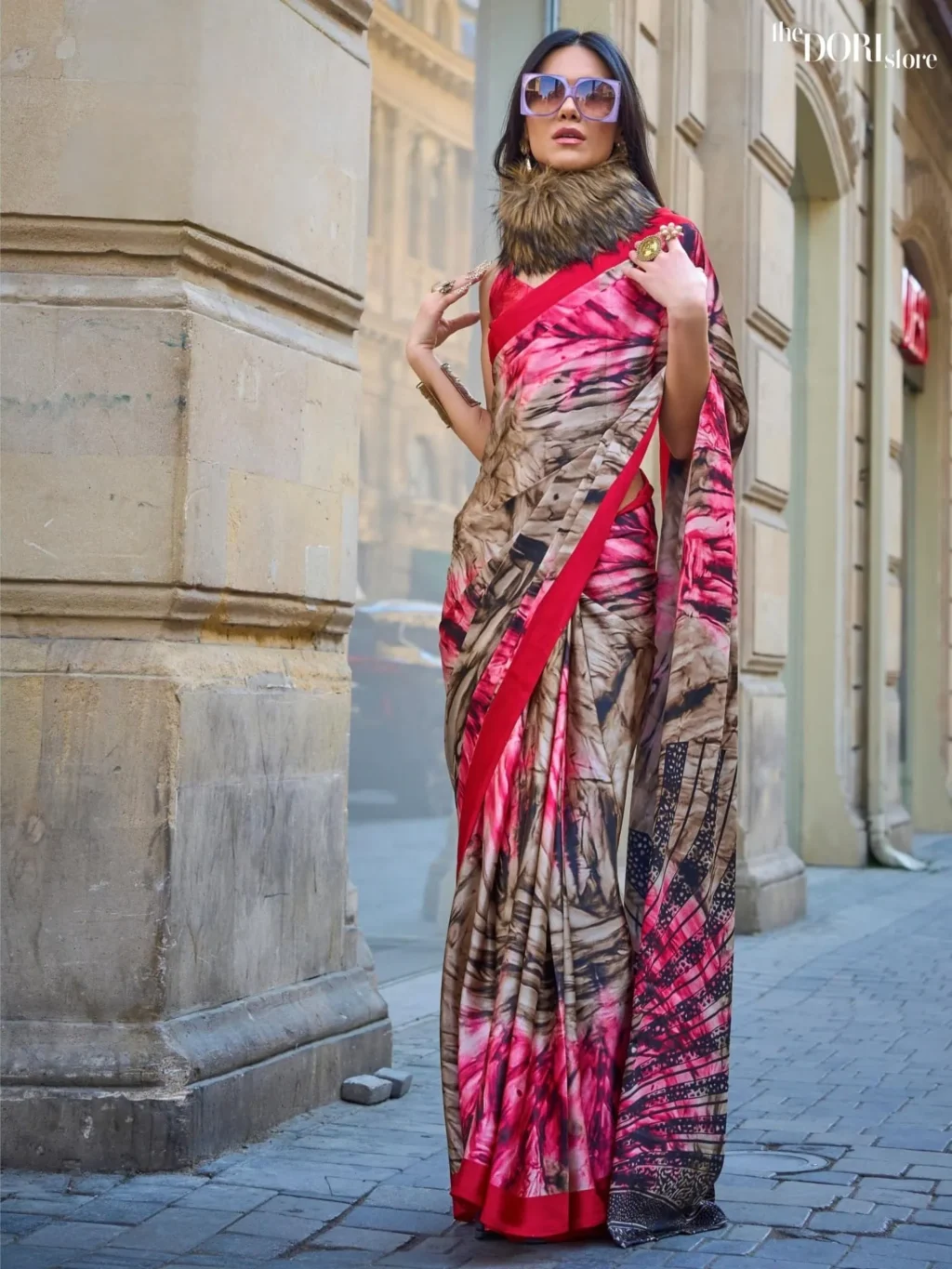 Pinkish Brown Printed Crepe Soft Silk Saree - party wear saree