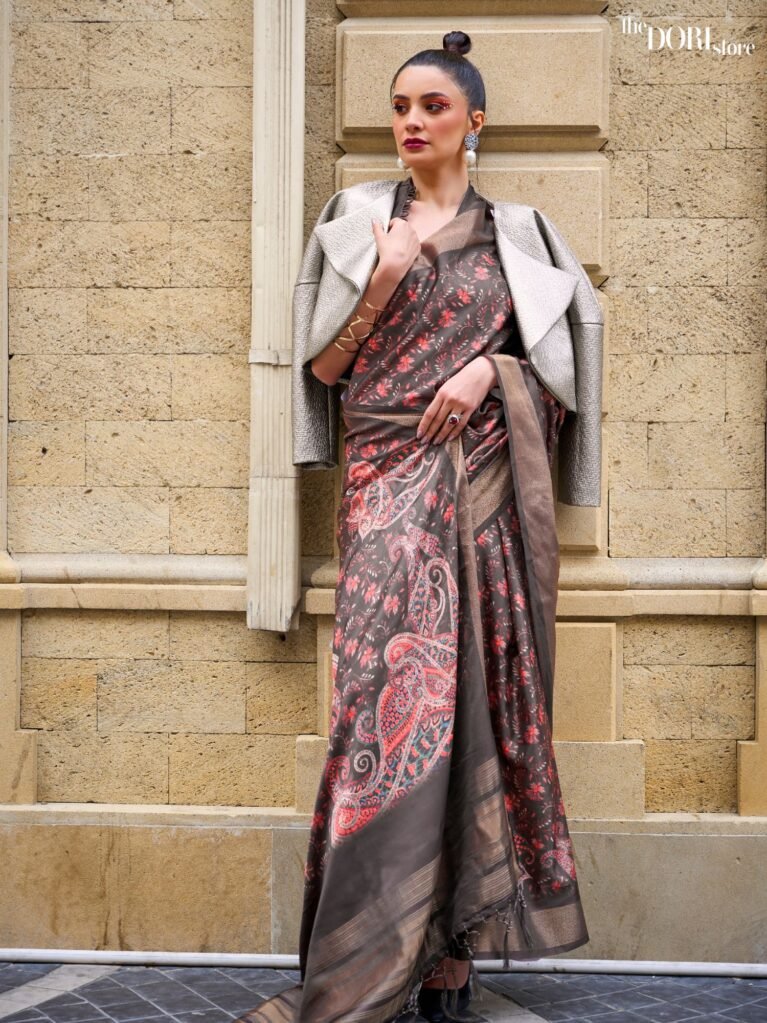Floral Brown Pure Gaji Printed Silk Handloom Woven Saree - party wear saree
